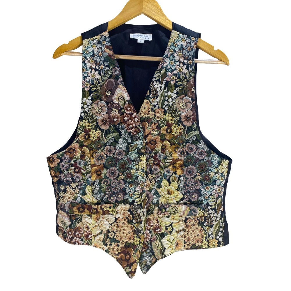 Vintage Express Floral Tapestry Vest Womens Large Woven Cottagecore Granny USA